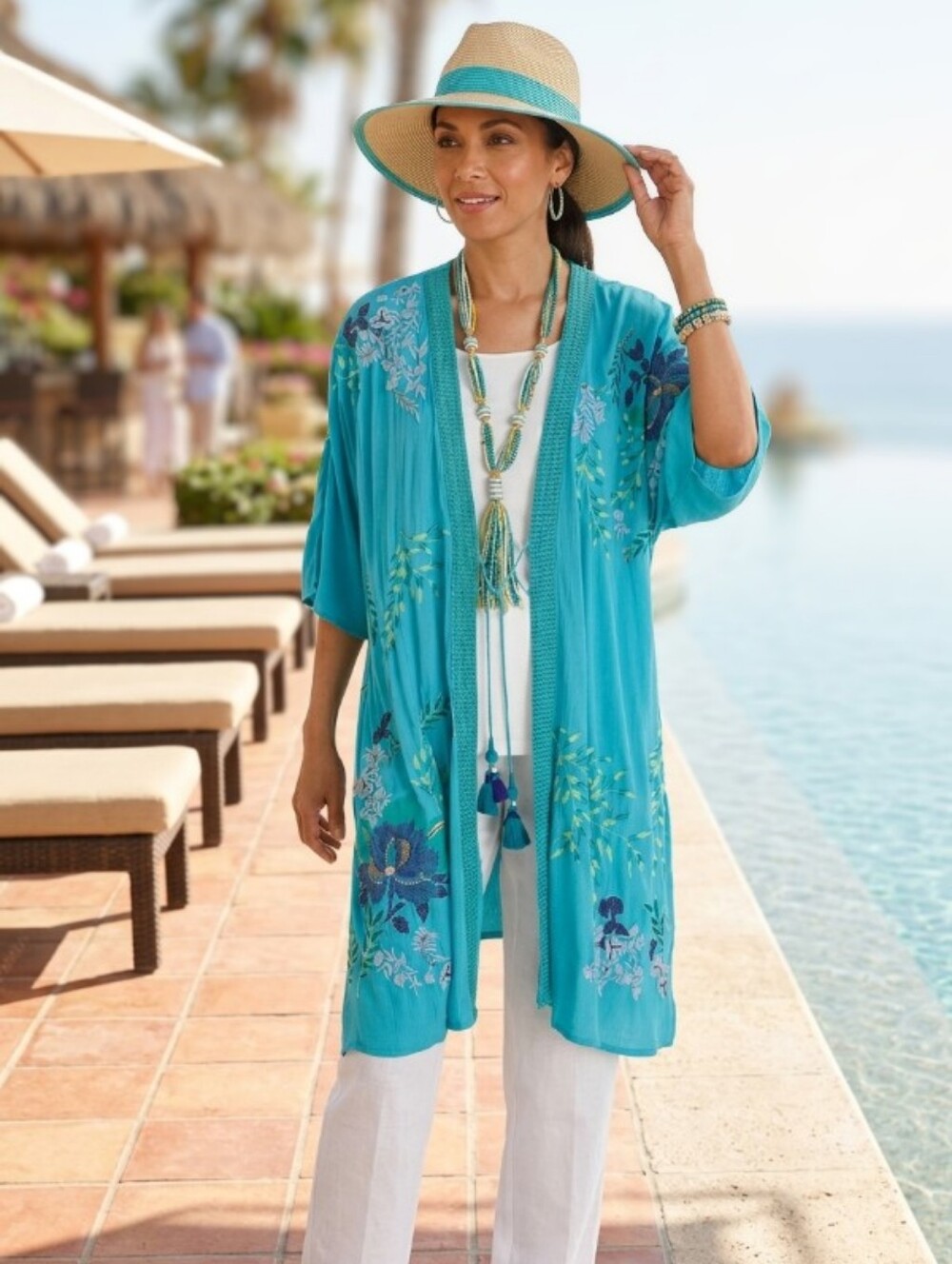 NEW CHICOS Turquoise Beaded Embroidered Duster Cardigan Cover Resortwear Sz L-XL